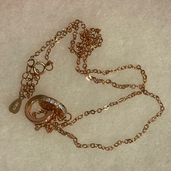 NWOT 925 Sterling Silver Double Circle CZ Necklace 8” Rose Gold Interlocking - Picture 7 of 14